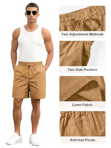 Image of RQP Mens Cotton Linen Shorts Casual Drawstring 7inch Inseam Shorts Stretch Summer Beach Wear