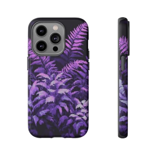 Coque iPhone 14 Pro Pixel Art Purple Ferns : le style végétal rétro au bureau comme en voyage