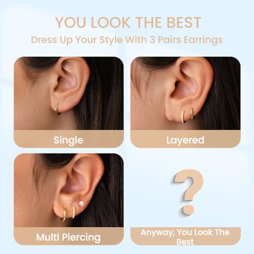Small Gold Hoop Earrings Set for Women: Diamond-Shine Cubic Zirconia Stud Earrings - 14K Gold Plated Hypoallergenic Non-Tarnish, Stack Mini Cute Trendy Statement Earrings Gift (3 Pairs)4