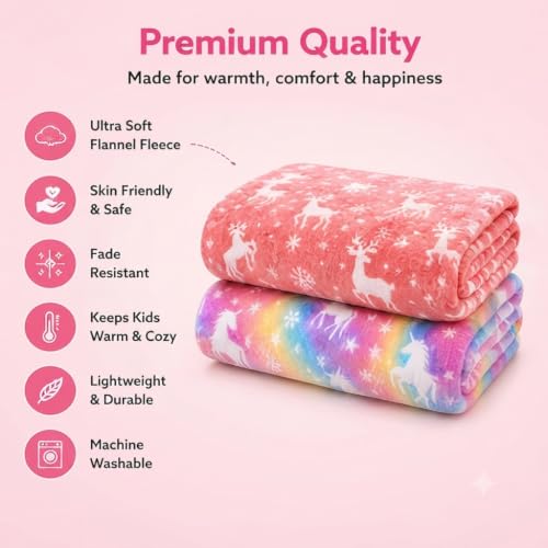 Image of Glow in The Dark Blanket for Kids Pack of 2 (Pink & Peach) | Soft Fleece Reindeer Throw Blanket with Snowflake Glow Design | Warm Flannel Blanket| Winter Bed Blanket | 150 x 200 cm