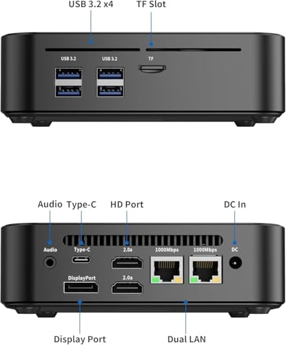 DreamQuest Mini PC connected to dual 4K monitors in a home office setup