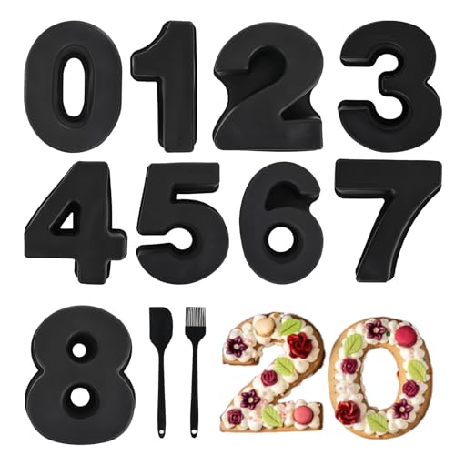 EILYGK Kuchenform Zahlen 9 Stück 10 Zoll Number Cake Backform Großes Silikon Zahlenbackform Zahlen kuchenform Zahlen Backform für Backen(0-8)-Schwarz