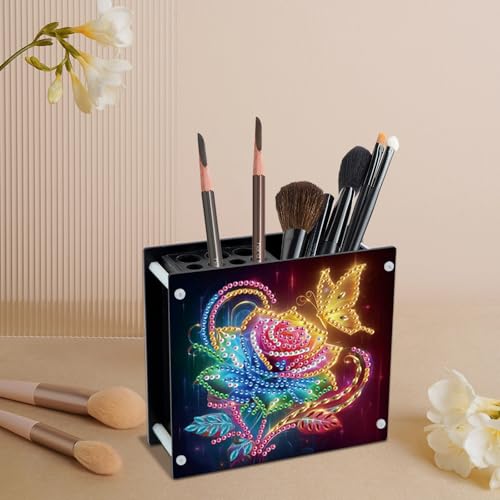 Image of DIY 5D Diamond Painting Pen Holder, Romantic Rose & Butterfly Crystal Rhinestones Pencil Organizer for Women & Gifts, Perfect for Storing Pens, Pencils, and Rulers