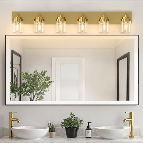 Image of IZORRO Bathroom Vanity Light Fixture, 6-Light 46 Inch Gold Bathroom Light Fixtures Over Mirror, with Clear Glass Shade, Modern Farmhouse Vanity Lights, Rustic Restroom Lighting Fixtures