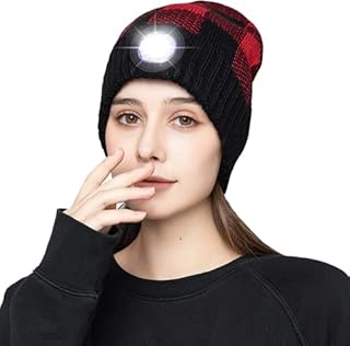LED Beanie Hat with Light, USB Rechargeable Head Torch Hat with Light Built in for Walking Running at Night, Unisex Winter Wooly Hat with 9 Ultra Bright LED, Christmas Gifts for Women Men (Black Red)