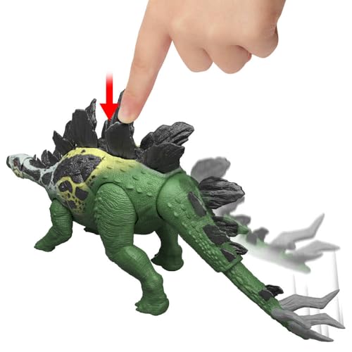 Image of Mattel Jurassic World Dinosaur Figure Toy, Gigantic Thrashers Large Stegosaurus with 2 Attack Action & Evolve Feature, Digital Play