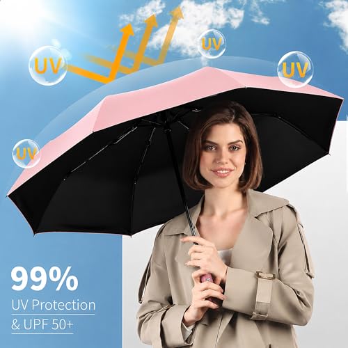 Image of AYSIS UV Umbrella with Novelty Clip Handle, Travel Umbrellas for Rain and Sun Windproof Compact, Automatic Open Close, 8 Ribs, Portable Umbrella for Men and Women