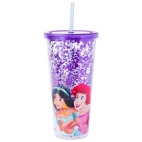 Image of Silver Buffalo Disney Princesses, Plastic Cold Cup, 32oz | Ariel, Cinderella, Tiana, Rapunzel and Jasmine, Confetti, Lid and Straw, 0.95 Liters