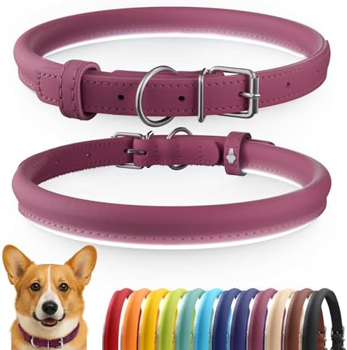 CollarDirect Rolled Leather Dog Collar, Soft Padded Round Puppy Collar, Handmade Genuine Leather Collar Dog Small Large Cat Collars (Pink Smooth, 30-35 cm)