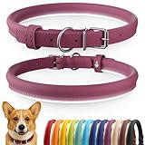 CollarDirect Reflective Rolled Leather Dog Collar, Soft Padded Round Puppy Collar, Handmade Genuine Leather Collar Dog Small Large Cat Collars 13 Colors (11-14 Inch, Pink Smooth)