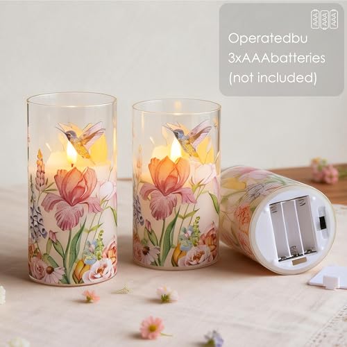 Image of LUSHARBOR Flameless Candles with Remote, Battery Operated Glass Candles Hummingbird Flickering LED Electric Pillar Candles Real Wax Floral Christmas Decor Set of 3