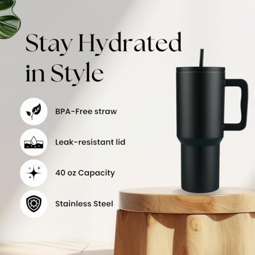 Image of Stainless Steel Tumbler with Lid & Straw, 100% Leakproof Tumblers with Handle, Sipper for Office,Gym & Outdoors 1200ml Tumbler (Black)