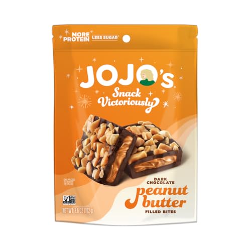 JOJO's Dark Chocolate Peanut Butter Filled Bites with 6g Plant-Based Protein, Low Sugar Vegan & Gluten Free Snack, Non-GMO Chocolate Covered Peanut Butter Bites, 3.6 oz Resealable Bag