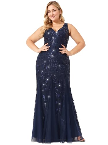 Image of Ever-Pretty Plus Sequin Formal Dresses Sleeveless V Neck Mermaid Ball Gowns Plus Size Prom Dress