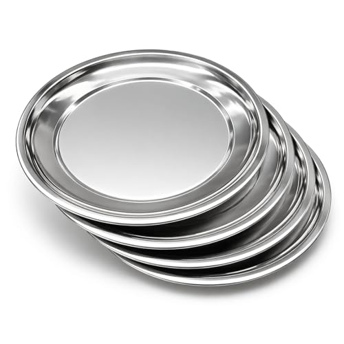 Image of MIKANIX Stainless Steel Dinner Plates | Heavy Duty Steel Thali | Food Grade, Rust Resistant, Durable Dinner Plates | Round Serving Plates for Kitchen, Dining, Home Use (Pack of 4)