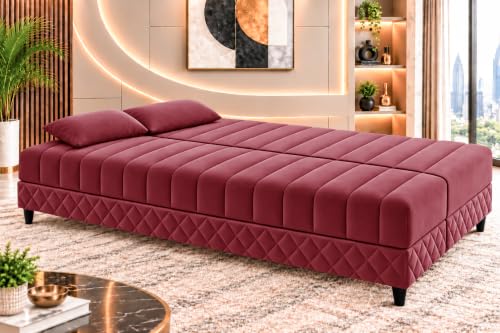 Image of 3-Seater Velvet Sofa Cum Bed | Tufted Convertible Sleeper Sofa | Plush Cushioned Seating | Space-Saving Design for Living Room, Bedroom & Office | Red