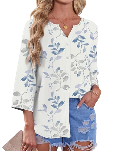 Image of OFEEFAN Button Down Shirts for Women 3 /4 Length Sleeve Tops V Neck Blouses Business Casual Outfits Loose Fit
