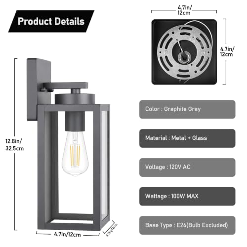 Image of BesLowe Outdoor Wall Light Fixtures, Outside Porch Lights, Graphite Gray | Waterproof Metal Construction, Rust-resistant, Quick & Easy Installation, Clear Glass Shades & Standard E26 Socket