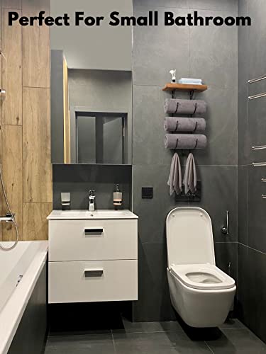 Towel Rack Wall Mounted For Bathroom, Iriijane Metal Bath Towel Holder Storage Hand Towels W/ Wood Shelf And 3 Hooks For Small Bathroom Organizer Decor Or Rv Camper, Black #TOP4