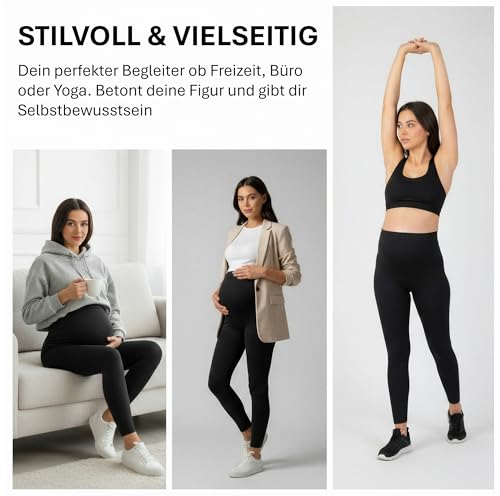 Everwoman Schwangerschaftsleggings | Blickdichte Umstandsleggings (High Waist) stützt den Babybauch - elastisch bequem & weich | Umstandsmode für Jede Phase (Schwarz M)