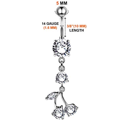 Stainless Steel Danging Belly Navel Ring Round Cherry 16G 3/8 10Mm 8Mm Clear Crystal Ball Earrings Piercing Jewelry 5191 #TOP1