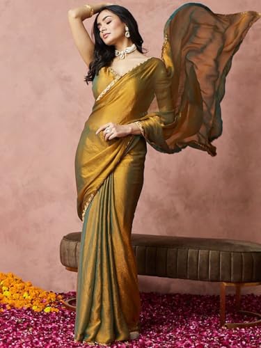 GoSriKi Women's Silk Blend Hand Work Saree With Unstitched Blouse Piece (AYAAT GOLD-VKS01-GS_Free Size)