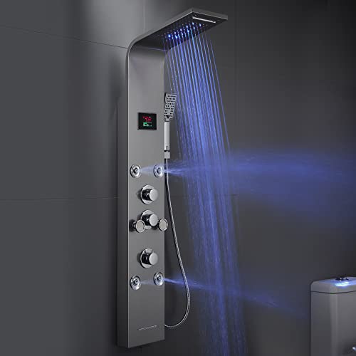 MENATT Sistema de torre de paneles de ducha con luces LED, sistema de columna de ducha de acero inoxidable SUS304, cabezal de ducha de lluvia y cascada, chorros de masaje, boquilla de bañera, ducha de