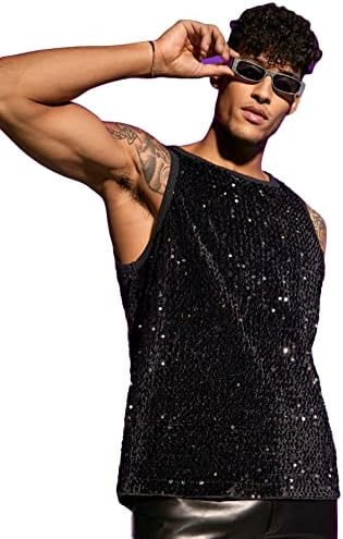 GORGLITTER Men's Sleeveless Contrast Binding Sequin Tank Top Round Neck Party Shirt Black Large