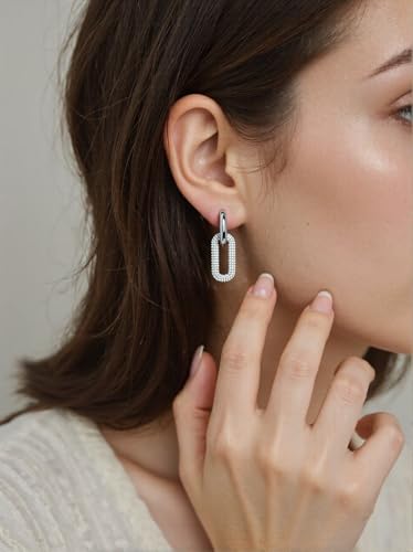 Sylph Paperclip Earrings for Women, Link Dangle Double Hoop Huggie Earring with Full Cubic Zirconia, Lightweight Hypoallergenic Silver Statement Jewelry for Everyday Wear — view 5