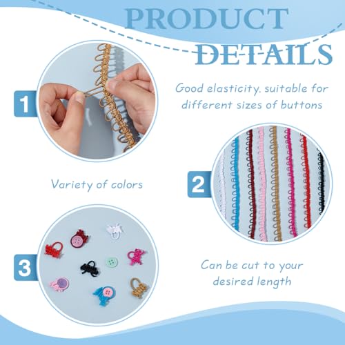 BENECREAT 20 Yards 8 Colors Braid Trim with Button Loops, 0.57 Inch Elastic Polyester Webbing Sewing Trim Embellishment for Wedding Costume DIY Crafts Jewelry Home Decor