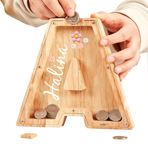 Tirelire Personnalisée,Nom Personnalisable,Initiales Personnalisables A-Z,Boîte à Monnaie Décorative en Bois Transparent en Forme de Lettre,Décoration de...