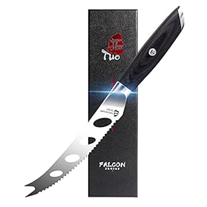 TUO Cheese Knife – 5 Inch Cheese & Tomato Knife for All Cheese Types – High Carbon German Steel Hollow & Serrated Blade – Pakkawood Handle with Gift Box – Falcon Series