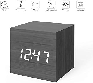 MiCar Digital Alarm Clock, Wood LED Light Mini Modern Cube Desk Alarm Clock