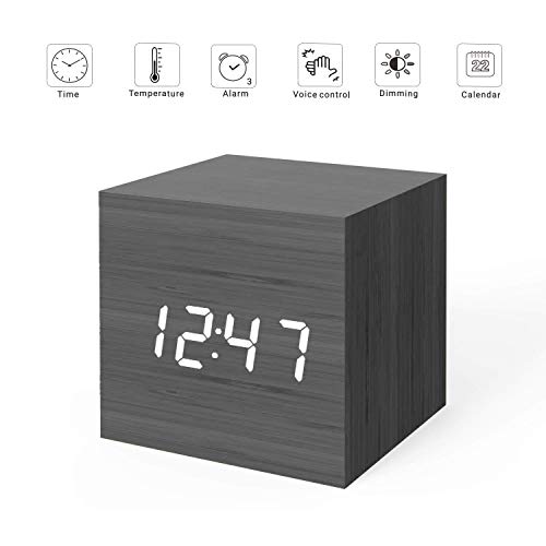 MiCar Digital Alarm Clock, Wood LED Light Mini Modern Cube Desk Alarm Clock