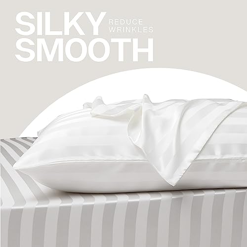 Image of MR&HM Satin Pillowcase for Hair and Skin, Silk Satin Pillowcase 2 Pack, King Size Pillow Cases Set of 2, Silky Pillow Cover with Envelope Closure (20x36, Ivory Striped)