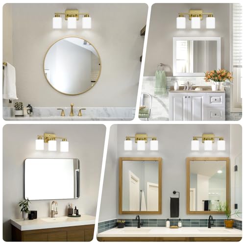 Image of FonmYim Brushed Gold Bathroom Light Fixtures, 3-Light Modern Vanity Light Over Mirror, Wall Sconces with Milky White Frosted Glass Shades, E26 Socket (Bulbs Not Included)
