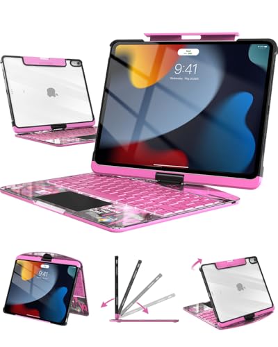 Image of Wireless Keyboard Case for iPad 9th, 8th, and 7th Gen 10.2 Inch, Transparent Protective Cover with 7-Color Backlit Keyboard, 360 Rotating Stand, Multi-Touch Trackpad and Pencil Holder, Pink