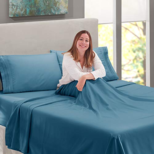 Image of Nestl Split King Bed Sheet Set - Blue Heaven - 5-Piece Deep Pocket | Instantly Soft, Night-One Ready (No Wash Required). Fits 16-Inch Deep Pockets, 360-Degree Elastic Grip