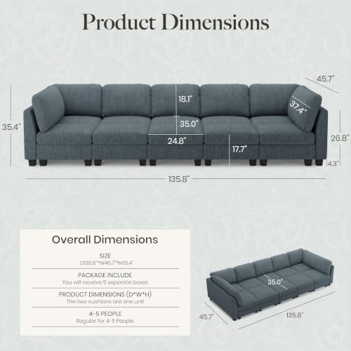 Image of Belffin Cloud Couch with Deep Seat Linen Sectional Sleeper Sofa Apartment Couch. Blue Grey Sofa