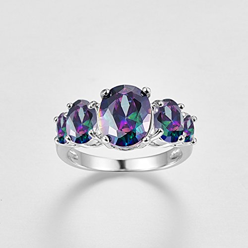 Silver Plated 5-Stones Oval Cut Created Rainbow Topaz Amethyst Citrine Cubic Zirconia Filled Engagement Wedding Proposal Promise Band Gorgeous Ring for Women Ladies Eternal Love Jewelry3