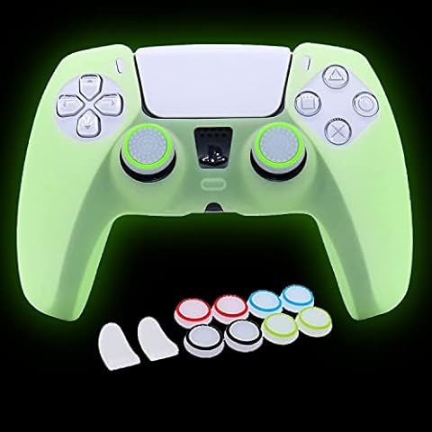 HLRAO PS5 Controller Skins Silicone Grip Glow in the Dark Protective Case for PS5 Dualshock 5 Controller + 8 PCS Caps & L2 R2 Trigger Grips Glow in the Dark Cover