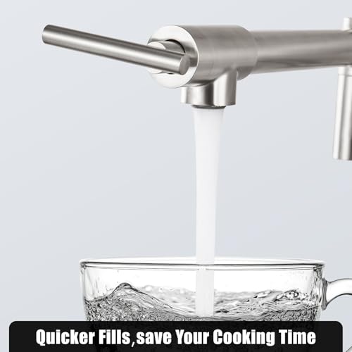 Image of Brushed Nickel Pot Filler Wall Mount Kitchen Restaurant Sink Faucet Stainless Steel Stretchable Commercial Faucet with Folding Double Joint Swing Arm Single Hole Two Handles