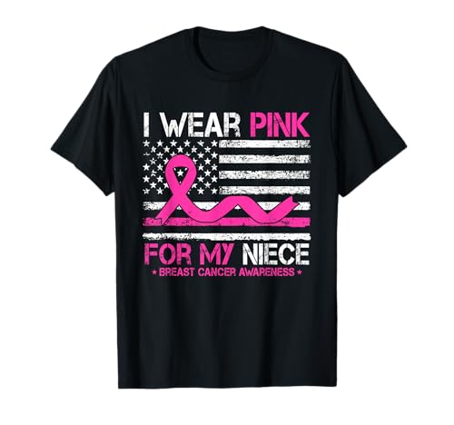 Bandera de Estados Unidos con texto en inglés "I Wear Pink For My Niece Breast Cancer Awareness Camiseta