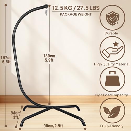 Hängesessel-Ständer, starker eiserner Hängesessel-Rahmen mit Federhaken, stabiler Sockel, strapazierfähiger Hängesessel-Ständer, 330 lbs, C-Ständer für Hängesessel im Innenbereich, Schlafzimmer,Garten