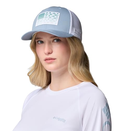 Image of Columbia Unisex Unisex PFG Fish Flag Mesh Snap Back Hat, Dockside Blue /White /Fish Flag, One Size
