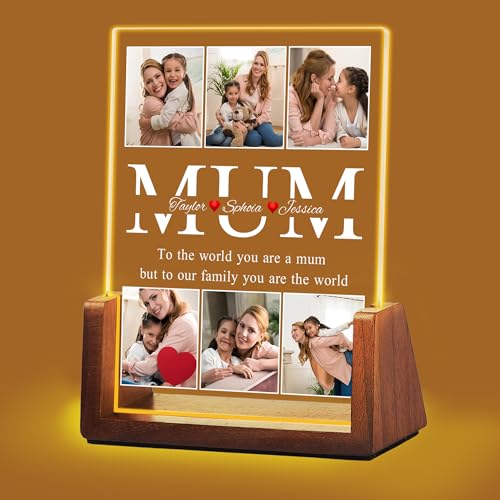 Idiyfun Personalised Christmas Gift for Mum from Daughter Son Kids Customized Acrylic Plaque LED Walnut Photos Frame with Night Light Mothers Day Birthday Gift for Mum Mother MAMA Wife Women