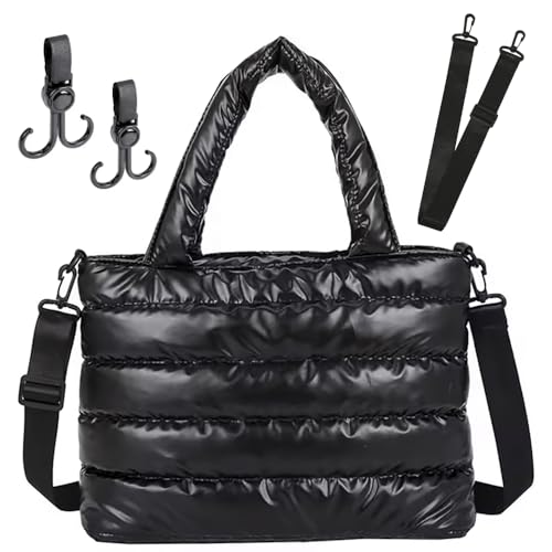 Kedaa Puffy Tote Bag, Black, 6.7 x 9 x 13.4 inches, Women's Hobo Handbag, 13.3L Capacity, Water Resistant, Lightweight, Adjustable Strap, Bag Hooks