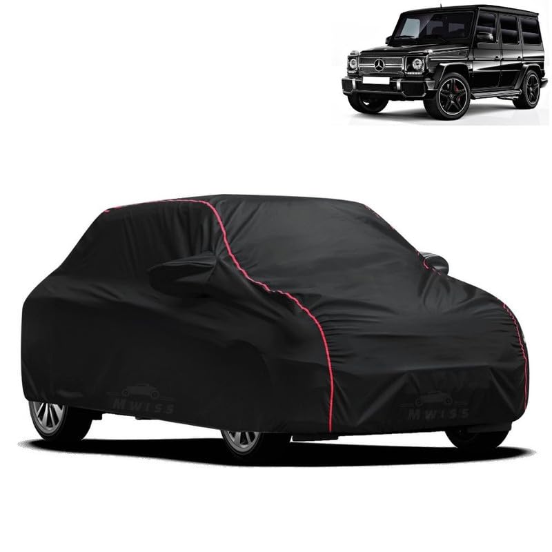 Image of Waterproof Car Cover for Mercedes Benz GClass | All-Weather Protection, Dustproof & UV Resistant | Triple Stitched Mirror Pockets, Windproof Buckle Strap with Elastic Hem, Black-Red Piping
