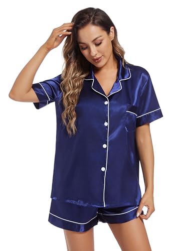 Image of Fivali Women Silk Satin Pajamas Set: Soft Short Sleeve 2 piece Pjs Ladies Button-down Pj Sets Silky Women's Sleepwear