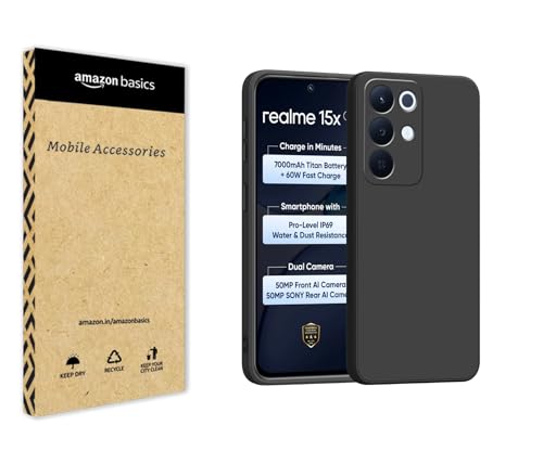 Image of amazon basics Back Cover for Realme 15X 5G | Ultra Slim Soft Rubberised Case | Matte Silicone Flexible Mobile Case | Camera Protection - Black